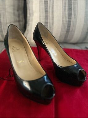 Christian Louboutin Black Patent Peep-Toe Stiletto Pumps with Red Sole